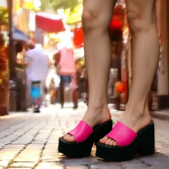 Bamboo Barbie Hot Pink Black Heeled Platform Wedge Sandal - Picture 2 of 6